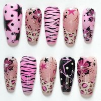 30pcs Ballet Y2k Style Press on Nails Black Pink Star Flower Printed Fake Nail Tips Wearable Spicy Girls False Nail Patches