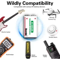 Lithium ion Rechargeable Battery Rscrola 9V 21800mWh High Capacity for Guitar Microphone Smoke Detector Pedal with Cable