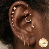 AIDE 14K Solid Gold Mini Glossy Heart/Round/Star Piercing Earrings For Women Multi-size Classic Wedding Bridal Luxury Jewelry