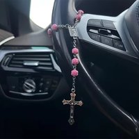 Pink Rose Beads Car Rearview Mirror Rosary, Catholic Crucifix Hanging Ornament for Interior Decoration