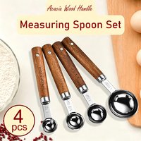 4Pcs/Set Silver Wooden Handle Stainless Steel Measuring Spoons Baking Tools Coffee Bartending Scale Kitchen Accessories Set