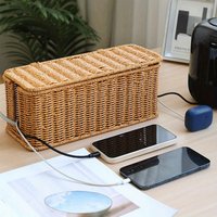 Handcrafted Rattan Cable Management Box Durable Rattan Cable Storage Basket Cords Hider Box Desk Cord Organizer Space-Saving