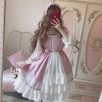 Cute Women Lolita OP Dress Flouncing Lace Trim Japanese Harajuku Doll Teen Dress Fairy Vestidos Girly Camisole Dres