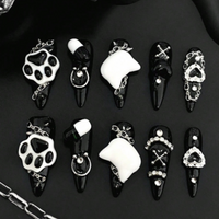 10 pieces of hand-pressed waterdrop-shaped nails, beautiful artificial nails, black and white cat claws, suitable for women