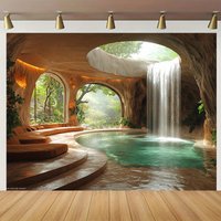 1pc Cave Waterfall Polyester Background Fabric - Green plant and cascading waterfall design, home and party background