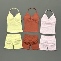 2Pcs HISTELLO Yoga Set Women Halter Tank Top Scrunch Butt Lifting Shorts Ruched Anti Chafe Quick Dry Gym Workout Sports Set