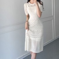Elegant Fashion Harajuku Slim Fit Female Clothes Loose Casual All Match A-line Skirt Solid Hollow Out Lace Short Sleeve Dresses