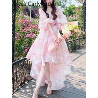 Vintage Floral Sweet Midi Dress Women Irregular Elegant Puff Sleeve Fairy Dress Female 2025 Autumn Casual Beach Party Dress Chic