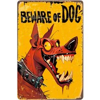 Vintage 'Beware of Dog' Metal Sign - Cartoonish Red Dog, Yellow Bkg, Black Chains, Rustic Wall Art, Durable Iron, 20.32x30.48cm
