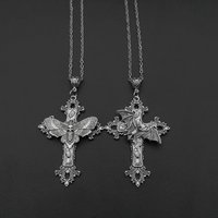 Large Bat Cross Necklace Pendant Floral Filigree Victorian Vintage Gothic Style Great Gift for Her Protection Amulet