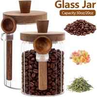 30oz/20oz Glass Jar Transparent Kitchen Storage Jar with Wooden Lid and Spoon Food Storage Containers for Coffee Bean Tea Sugar