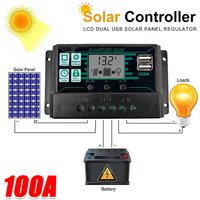 Solar Charge Controller 100A PWM LCD Display 12V/24V Dual USB 5V Output Panel Battery Regulator Intelligent