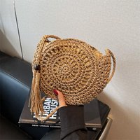 Women Hollow Straw Bag Circle Rattan Bag Round Soft Paper Rope Shoulder Bag Tassel Summer Beach Handmade Crossbody Bags