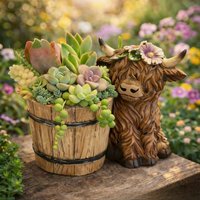 Adorable Highland Cow With Bucket Succulent Planter Resin Statue Home Garden Patio Yard Art Craft Decor Ornament Gift