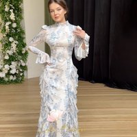 Dubai's 2025 spring slim-fit long-sleeved dress for ladies with tie belts, printed patterns and made of satin fabric. S-XXL