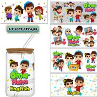 Cute Cartoon Omar and Hana UV DTF Wraps Islamic Cartoon Characters Stickers for 16oz Glass Cans Waterproof DIY Transfer Decals