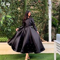 Lily Black Party Dress O Neck Evening Dress Regular Long Sleeves Party Gown Beaded Prom Gown Ankle Length for Women Customized