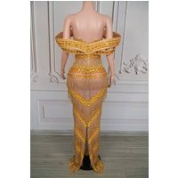 Sexy Rhinestone Party OffShoulder Chain Long Dress Gogo Clubwear Singer Stage Photoshoot Glitter Evening Gold Dress