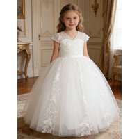 Girls V-Neck Lace Embroidered Flower Girl Dress Kids Wedding & Performance Princess Gown