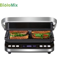 BioloMix 2000W Electric Contact Grill Digital Griddle and Panini Press, Optional Waffle Maker Plates, Opens 180 Degree Barbecue