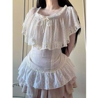 Elegant Lolita 3 Piece Set Women Vintage Lace Shawl Casual Vest Bow Fluffy Cake Skirt Y2K Japanese Suit