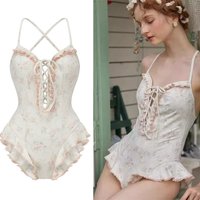 New Sexy Lolita Flower One-piece Swimsuit Women's Swimwear Women's Lace-up Ruffle Swimsuit Summer Backless Beachwear Role Play