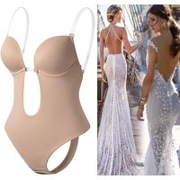 Invisible Shaper Bra Sexy Bodysuit Corset Backless Deep V-Neck U Plunge Thong Waist Trainer Clear Strap Padded Push Up Shapewear