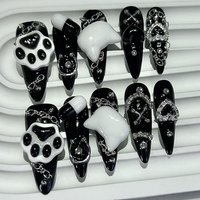 Kawaii Y2K Gyaru Black White Long Tip Handmade Press On Nails Jirai Kei 3D Cat Paw Love Cross Fake Nails Kawaii Dark Nail Art