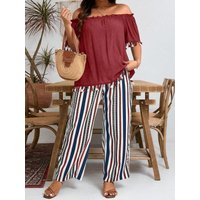【Plus Size】Two-Piece Set Striped Print Tie Front Top & Wide Leg Pants, Casual Fashion Cozy Top & Trousers for Daily Outdoor Wear