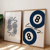 2pcs/set Retro Navy 8 Ball Blue Cheetah Abstract Canvas Print Poster Modern Funky Chic Animal Art Prints Bedroom Home Decor