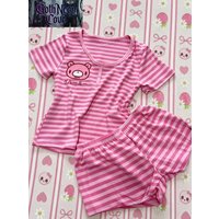 Japanese Sweet Shorts 2 Piece Set Women's Short Sleeve Cartoon Bear Shirt + Elastic Waist Fitted Shorts Y2K Lounge Striped Set
