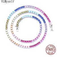 16-24 Inch 100% Guarante Real 925 Sterling Silver Tennis Chain Necklace Setting Pave 3mm Sparkly Rainbow Zircon Fine Jewelry