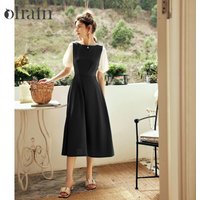 OLrain Summer Elegant Dresses 2026 Woman Contrast Short Sleeve French Fashion Fitted Midi Black Dress Woman Clothing O57XL98223