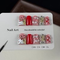 10pcs high-end Sweet and cool style, hand-painted patterns, dazzling three-dimensional stacked diamonds handmade fake nails