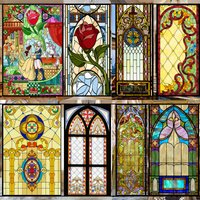 Colorful Stained Glass Window Film Opaque Frosted Privacy Protection Removable Home-Decor Church Window Covering Vintage