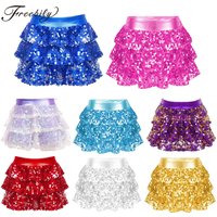 Kids Girls Shiny Sequins Tiered Ruffled Skirted Shorts Metallic Culottes Dance Skirt Jazz Dancewear Stage Performance Costume