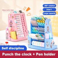 New 360°Rotatable Pen Holder Large Capacity Desk Organizer Self Disciplined Clock in Day Planner Storage Box Pencil Holder