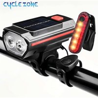 Solar Power Bike Light with Horn Bicycle Headlight Flashlight Taillight Cycling Front Rear Lamp Bike Light Set for Night Riding