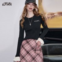 ELFSACK 2025 Winter New Arrivals Casual Elegant Lace Trim Round Neck Slim Knit Sweater For Woman