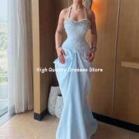 Evening Dresses New Sky Blue Halter Neck Crystal Beaded Corset Dress Draped Pocket Floor Length Birthday Gala Outfit Customized