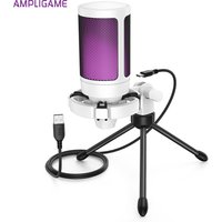 AmpliGame USB Gaming Microphone with Quick Mute,RGB Condenser Mic with Tripod for PC,PS5,Laptop Streaming Podcasting -A2W White