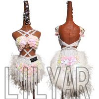 LILYAR Summer New Latin Dance Performance Competition Show White Feather Mermaid Sequins Flash Diamond Dance Dress