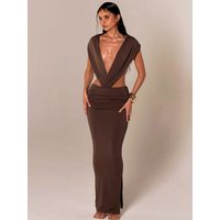 Sibybo Sexy Deep V-Neck Backless Women Maxi Dress Brown Sleeveless Ruched Slim High Waist Long Dress Elegant Evening Party Dress