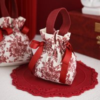 5/10pcs Portable Drawstring Handheld Canvas Candy Bags with Floral Pattern & Ribbon Bow Soft Reusable Wedding Gift Packing Bags