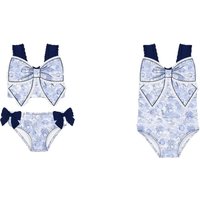 Boutique Girls' Swimsuit Set Blue with Seashell and Starfish Print Bowknot Swimsuit Set Matching One-Piece Girls' Swimsuit