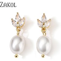 ZAKOL Simple Leaf Cubic Zircon Drop Earrings for Women Fashion Imitation Pearls Bridal Earring Wedding Jewelry EP5377