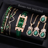 9 Pieces Green Watch for Women Set Fashionable Rectangular Dial Watch Quartz Bracelet Necklace Earrings Set Holiday Gift