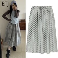 ETJ Women's Polka Dot Drawstring Midi Skirt 2026 Spring High Waist A-Line Pleated Casual Loose Fit Fashion Skirt