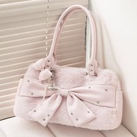 Retro Winter Plush Bow Handbag Sweet Sparkling Diamond Pink Shoulder Bag Crossbody Bag Cute and Versatile Tote Bag