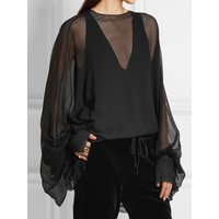 Chiffon Black Mesh O Neck Blouse for Women Summer Sheer See Through Bat Sleeve Long Sleeve Loose Chic Pullover Tops Plus Size